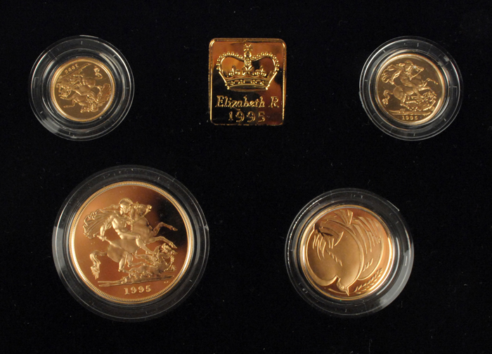 Elizabeth II gold five pounds, double sovereign, sovereign and half sovereign 1995 proof set. at Whyte's Auctions