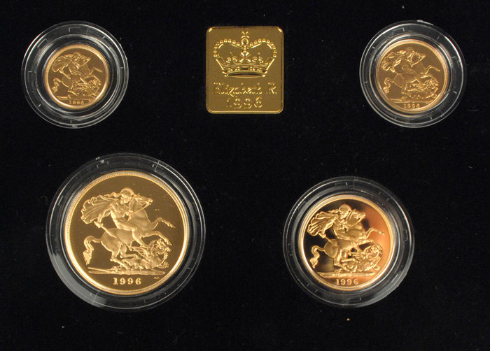Elizabeth II gold five pounds, double sovereign, sovereign and half sovereign 1996 proof set. at Whyte's Auctions
