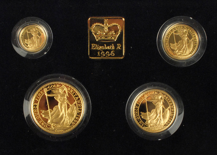 Elizabeth II gold Britannia one hundred pounds, fifty pounds, twenty-five pounds and ten pounds 1996 proof set. at Whyte's Auctions