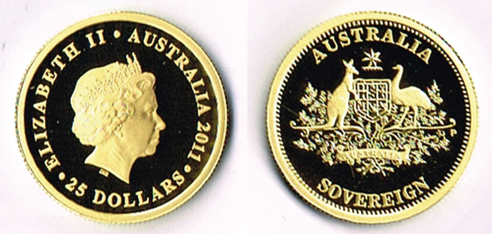 Australia gold sovereign, $25 proof, 2011. at Whyte's Auctions