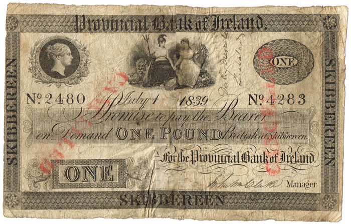 Provincial Bank of Ireland Skibbereen One Pound July 1 1839. at Whyte's Auctions