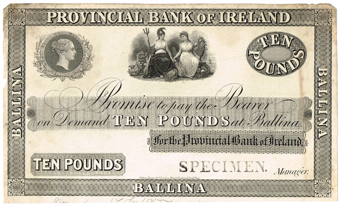 Provincial Bank of Ireland Ballina Ten Pounds Sixth Issue 1841-1869 Specimen at Whyte's Auctions