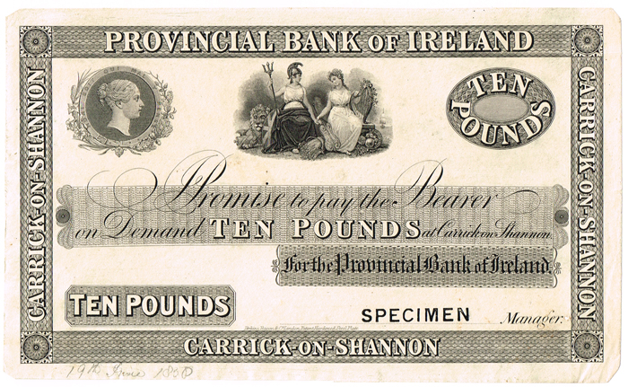 Provincial Bank of Ireland Carrick-on-Shannon Ten Pounds Sixth Issue 1841-1869 Specimen at Whyte's Auctions