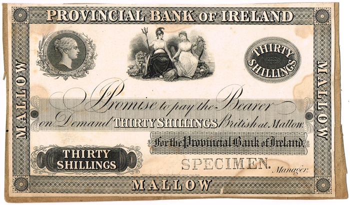 Provincial Bank of Ireland Enniscorthy Five Pounds British" Sixth Issue 1841-1869 Specimen" at Whyte's Auctions