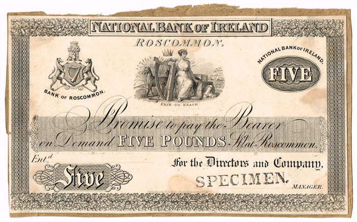 National Bank of Ireland Roscommon Five Pounds Fifth Issue 1843-1856 Specimen at Whyte's Auctions