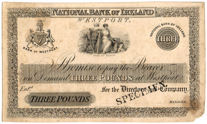 National Bank of Ireland Westport Three Pounds Fourth Issue 1836-1843 Specimen at Whyte's Auctions