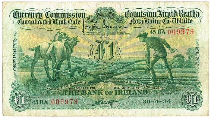 Currency Commission Consolidated Banknote 'Ploughman' Bank of Ireland One Pound, 30-4-34 at Whyte's Auctions