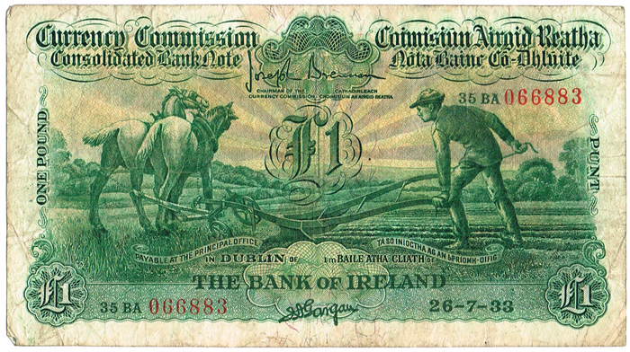 Currency Commission Consolidated Banknote 'Ploughman' Bank of Ireland One Pound 26-7-33 at Whyte's Auctions