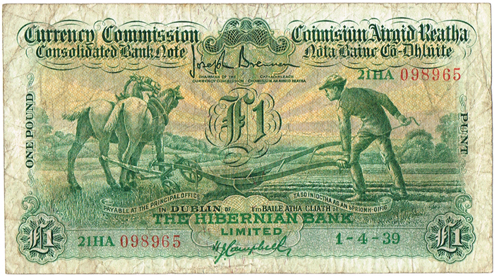 Currency Commission Consolidated Banknote 'Ploughman' Hibernian Bank One Pound 1-4-39 at Whyte's Auctions