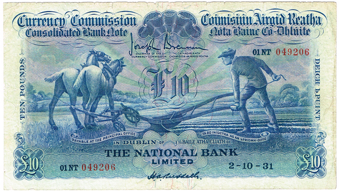 Currency Commission Consolidated Banknote 'Ploughman' National Bank Ten Pounds, 2-10-31 at Whyte's Auctions
