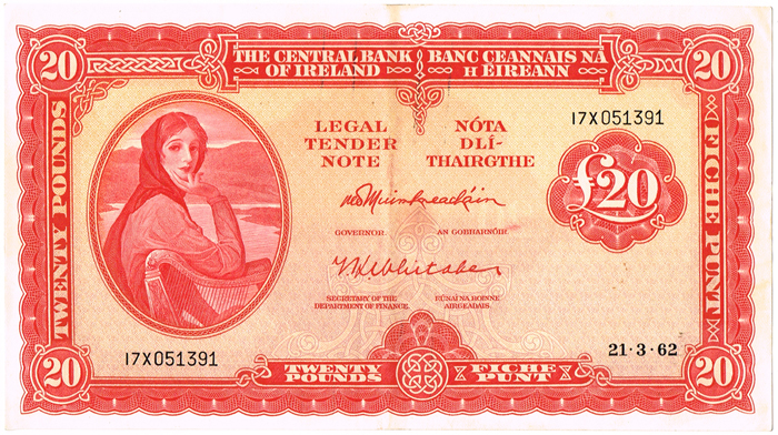 Central Bank 'Lady Lavery' Twenty Pounds 21-3-62 and 3-3-69 at Whyte's Auctions