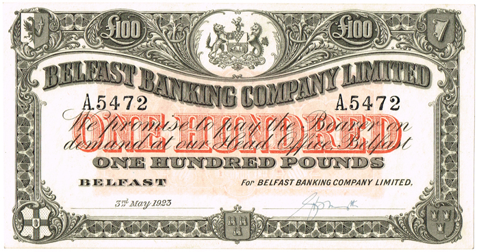Belfast Banking Company One Hundred Pounds 3rd May 1923. at Whyte's Auctions
