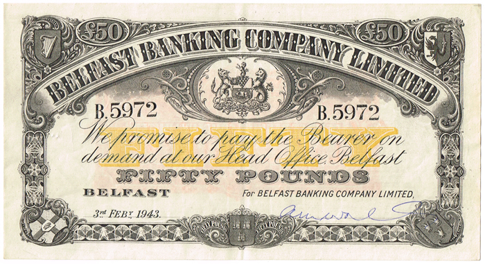 Belfast Banking Company Fifty Pounds, 3rd Feby. 1943 at Whyte's Auctions