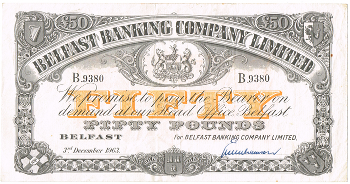 Belfast Banking Company Fifty Pounds 3rd December 1963. at Whyte's Auctions