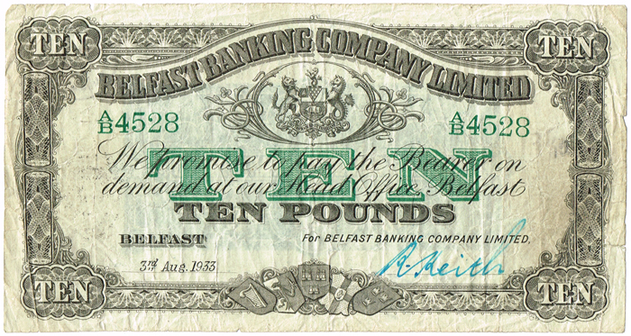 Belfast Banking Company Ten Pounds 3rd Aug. 1933. at Whyte's Auctions