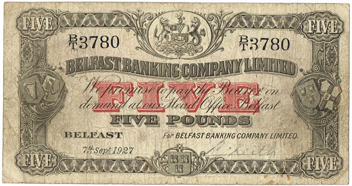 Belfast Banking Company Five Pounds 7th Sept. 1927 at Whyte's Auctions
