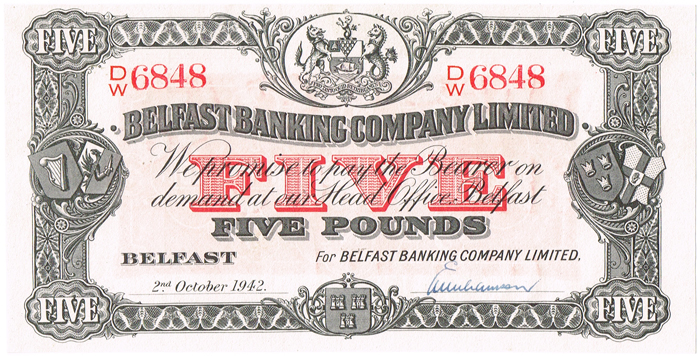 Belfast Banking Company Five Pounds 2nd October 1942 at Whyte's Auctions