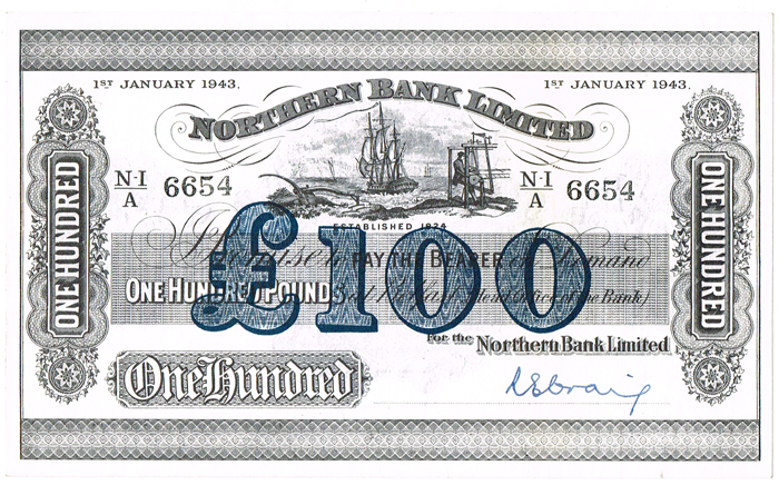 Northern Bank One Hundred Pounds 1st January 1943 at Whyte's Auctions