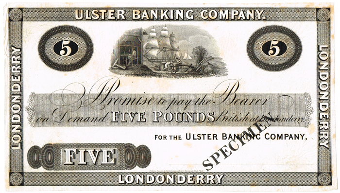 Ulster Bank Five Pounds 1836-1850 Specimen at Whyte's Auctions