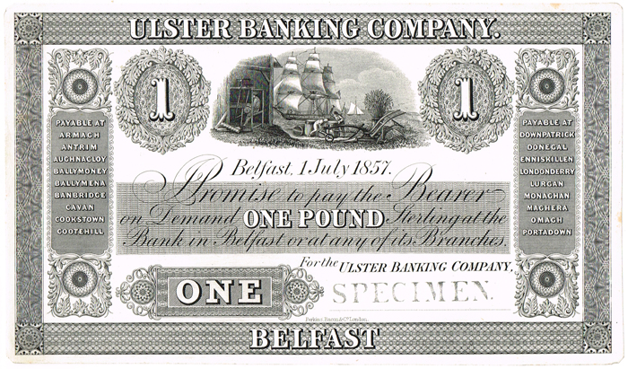 Ulster Banking Company One Pound Specimen 1 July 1857. at Whyte's Auctions