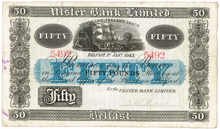 Ulster Bank Fifty Pounds 1st Jany. 1943 at Whyte's Auctions