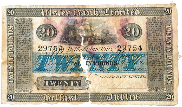 Ulster Bank Twenty Pounds 1 Jany. 1910 at Whyte's Auctions