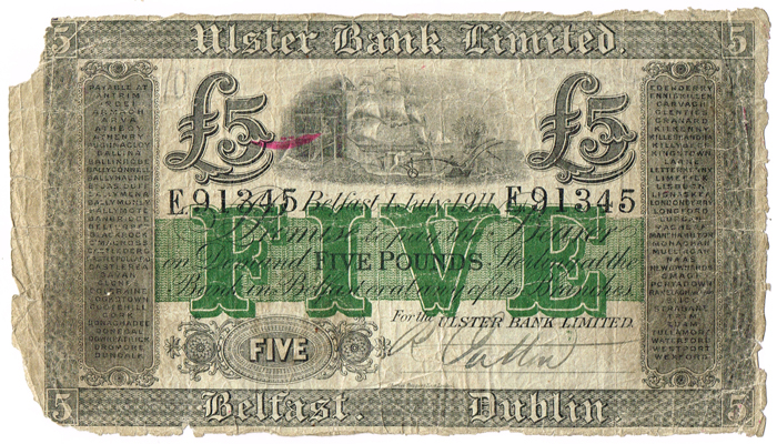 Ulster Bank Five Pounds 1 July 1911. at Whyte's Auctions