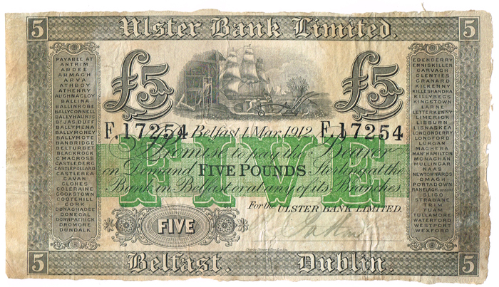 Ulster Bank Five Pounds 1 Mar. 1912 at Whyte's Auctions