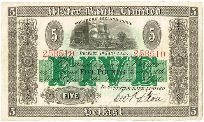 Ulster Bank Belfast Five Pounds 1935-40 collection at Whyte's Auctions