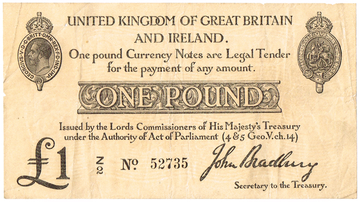 George V One Pound Bradbury"" at Whyte's Auctions