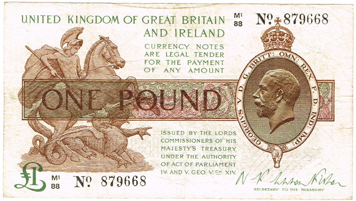 George V One Pound and Ten Shillings signed Fisher. at Whyte's Auctions