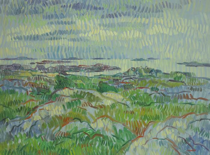 RAIN FOLLOWING AN INCOMING TIDE AT BALLYCONNEELY, CONNEMARA, COUNTY GALWAY, 1998 by Desmond Carrick RHA (1928-2012) at Whyte's Auctions