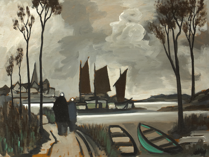 FIGURES AND SAILBOATS WITH VILLAGE BEYOND by Markey Robinson sold for 3,600 at Whyte's Auctions