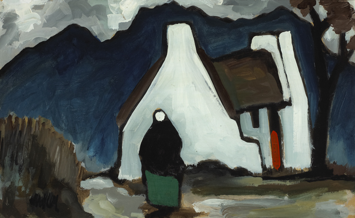 COTTAGE, MOUNTAIN AND SHAWLIE WITH GREEN SKIRT by Markey Robinson (1918-1999) at Whyte's Auctions