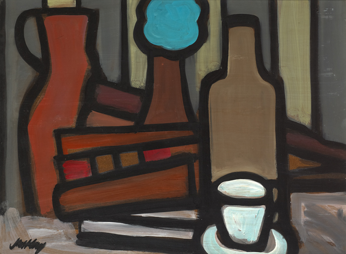 STILL LIFE WITH RED JUG, BOTTLE AND TEA CUP by Markey Robinson (1918-1999) at Whyte's Auctions