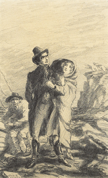 A GIRL CLINGS TO A YOUNG MAN ON A BEACH [ILLUSTRATION TO <i>THE COLLEGIANS</i>, 1904] by Jack Butler Yeats RHA (1871-1957) at Whyte's Auctions