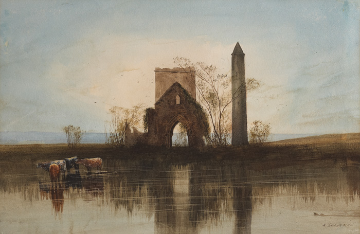 CATTLE WATERING - ABBEY AND ROUNDTOWER, DEVENISH ISLAND by Andrew Nicholl RHA (1804-1886) at Whyte's Auctions