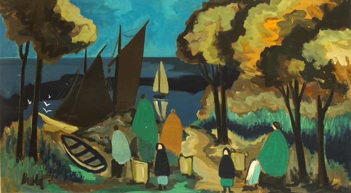 WOMEN AND FISHING BOATS by Markey Robinson (1918-1999) at Whyte's Auctions