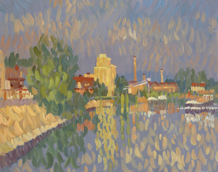 RIVERSIDE BUILDINGS, FRANCE by Desmond Carrick sold for 700 at Whyte's Auctions