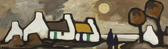 COTTAGES BY MOONLIGHT, ROCKY COASTLINE and TWO FIGURES WATCHING SAILBOATS (SET OF THREE) by Markey Robinson (1918-1999) at Whyte's Auctions