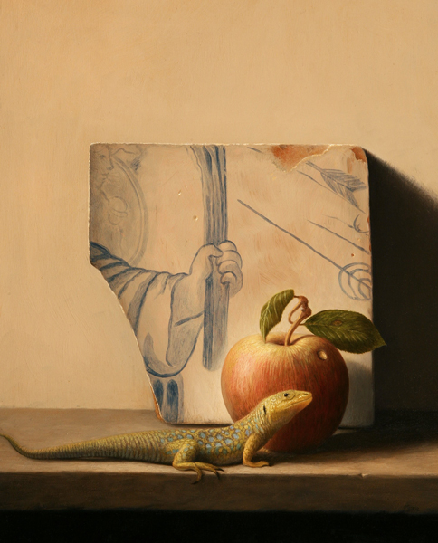 STILL LIFE WITH LIZARD, APPLE AND PORTUGUESE TILE by Stuart Morle (b.1960) at Whyte's Auctions