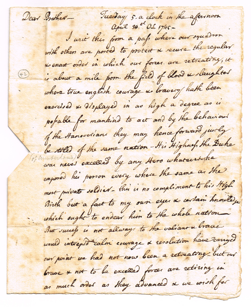 1745 (30 April) Battle of Fontenoy eyewitness account in letter to London. at Whyte's Auctions