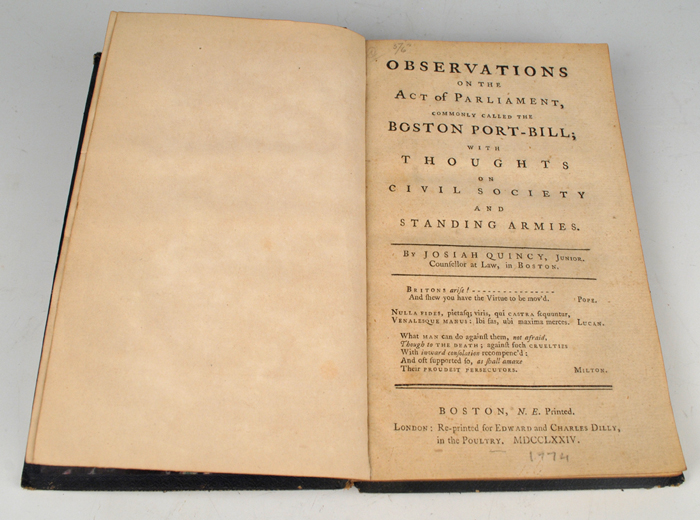 Quincy Jr, Josiah. Observations on the Act of Parliament, Commonly Called the Boston Port Bill... at Whyte's Auctions