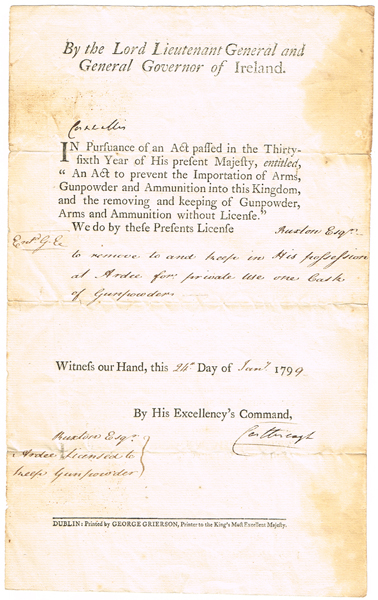 1799 (24 January) Ardee, Louth gunpowder license at Whyte's Auctions