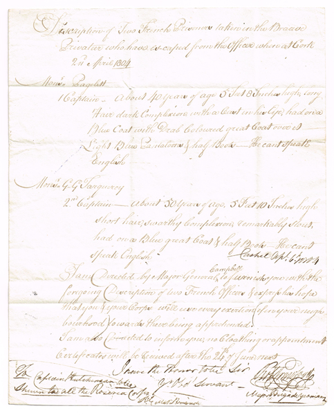 1804 (June) letter concerning the escape of two French Prisoners from their guards at Cork. at Whyte's Auctions
