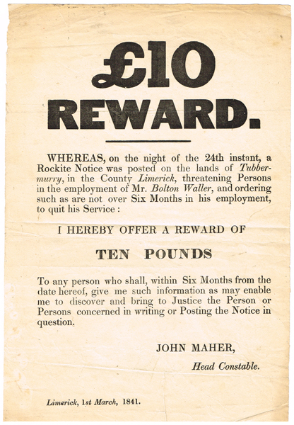 1841 (1 March) Limerick Rockite Notice 10 reward poster at Whyte's Auctions