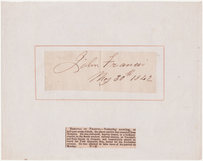 1842 (May 30) Signature of John Francis on the day he attempted to assassinate Queen Victoria at Whyte's Auctions