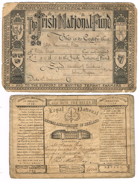 1844-1912 Home Rule ephemera including membership cards at Whyte's Auctions