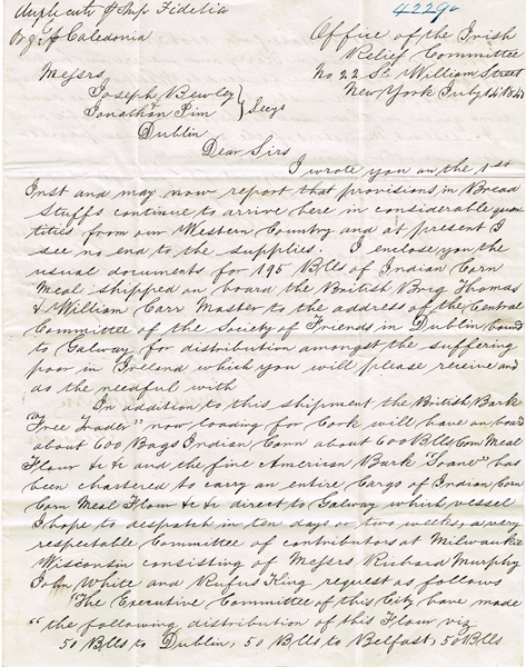 1847 (14 July) Office of the Irish Relief Committee famine letter at Whyte's Auctions