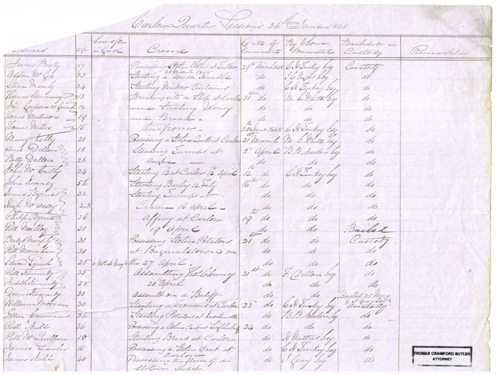 1848: Famine period Carlow Court Quarter Sessions listing at Whyte's Auctions